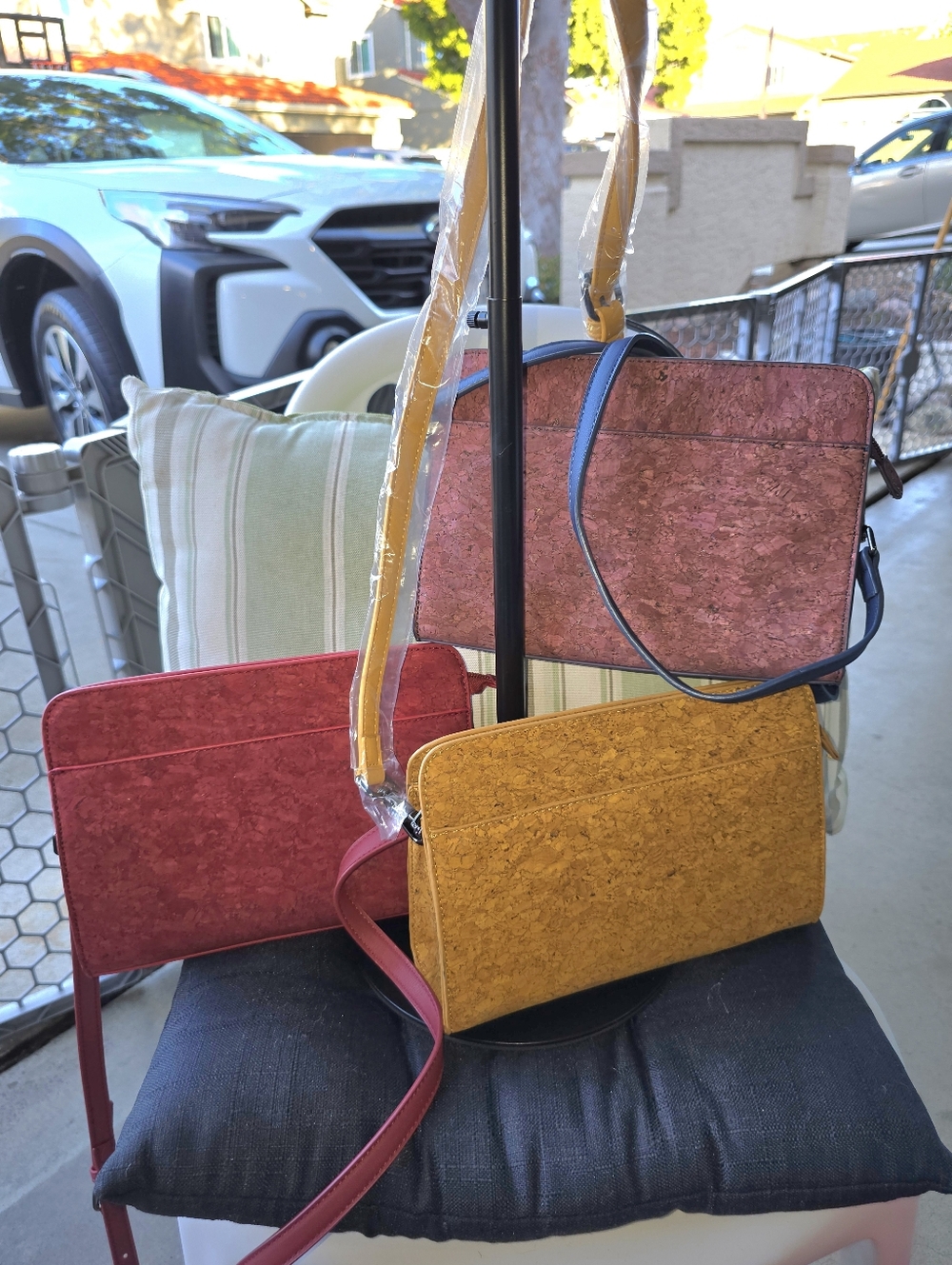 NWOT (3) Crossbody Cork Leather Shoulder Bags-Red, Mauve & Mustard By Evolution